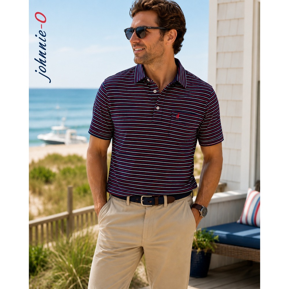 Johnnie-O Polo Shirt Mens XL Hangin Out Blue Striped Short Sleeve Cotton Golf